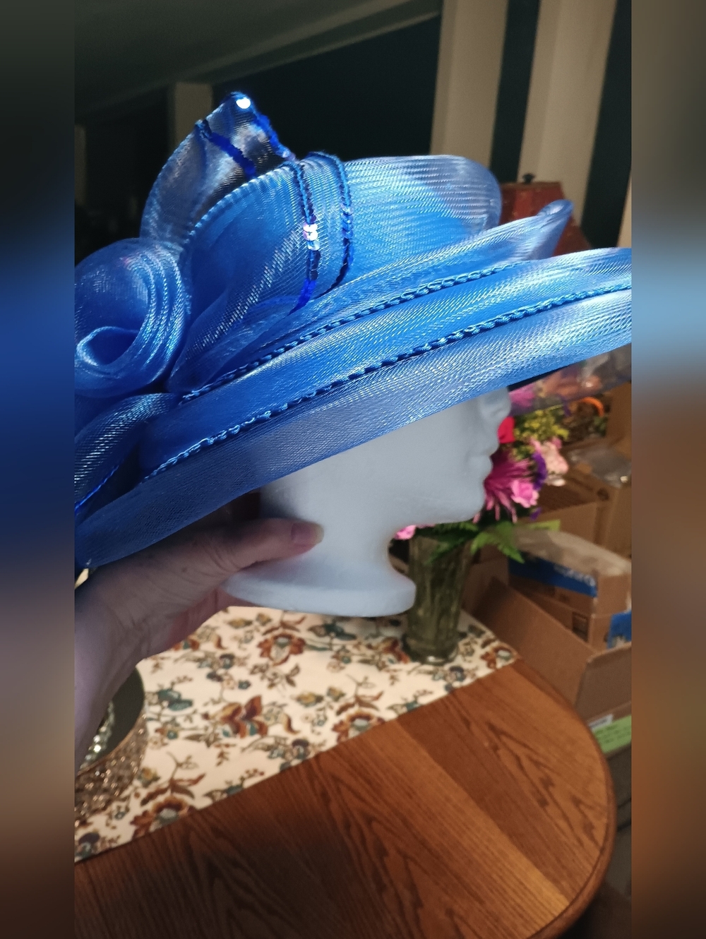 Blue Floral Mesh Womens Derby Or Church Hat.